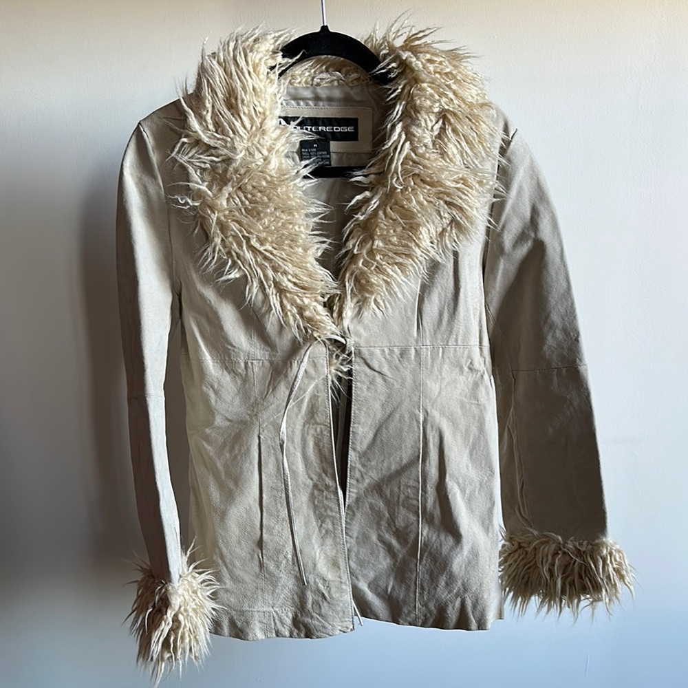 2000s Cream Leather Jacket with Faux Fur Trim